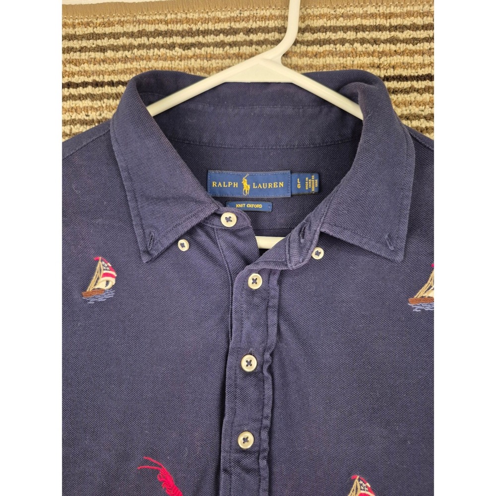 Ralph Lauren Mens Navy Blue Knit Oxford Sailboat Lobster Polo Shirt Large